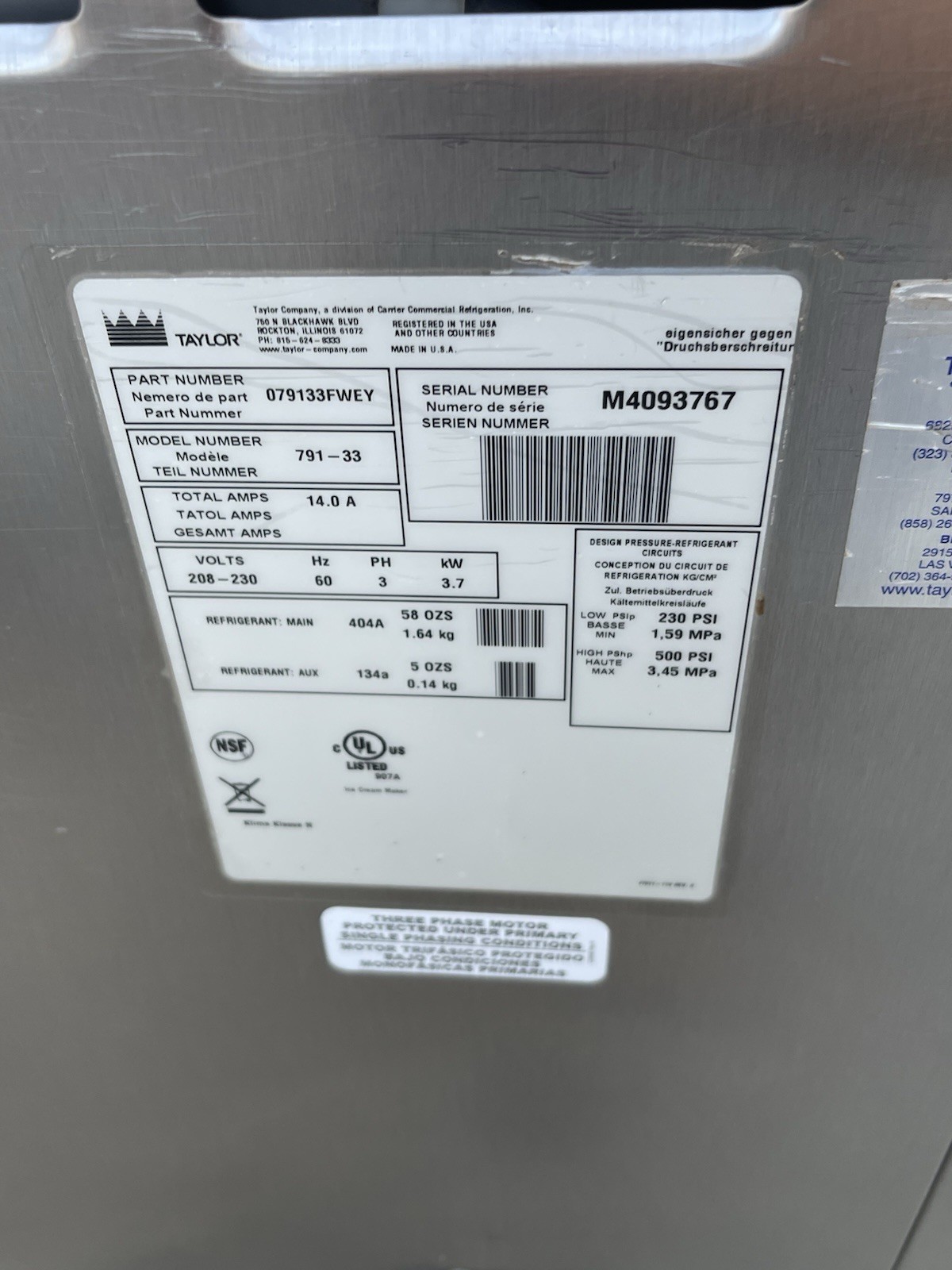 Taylor C791-33 Air Cooled , 3PH Excellent Condition!! Serial#M4093767