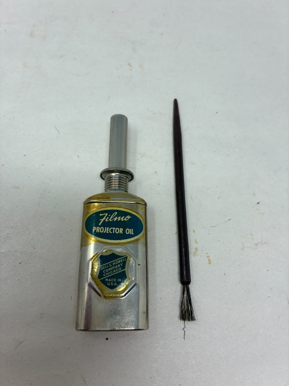 Antique BELL & HOWELL FILMO OIL CAN-BOTTLE  & brush Dated 1896 Original Labels