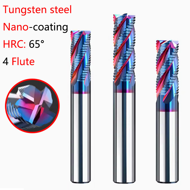 HRC65° 4 Flute Carbide Mill Cutter Roughing End Mill Nano-Coated CNC Router Bit