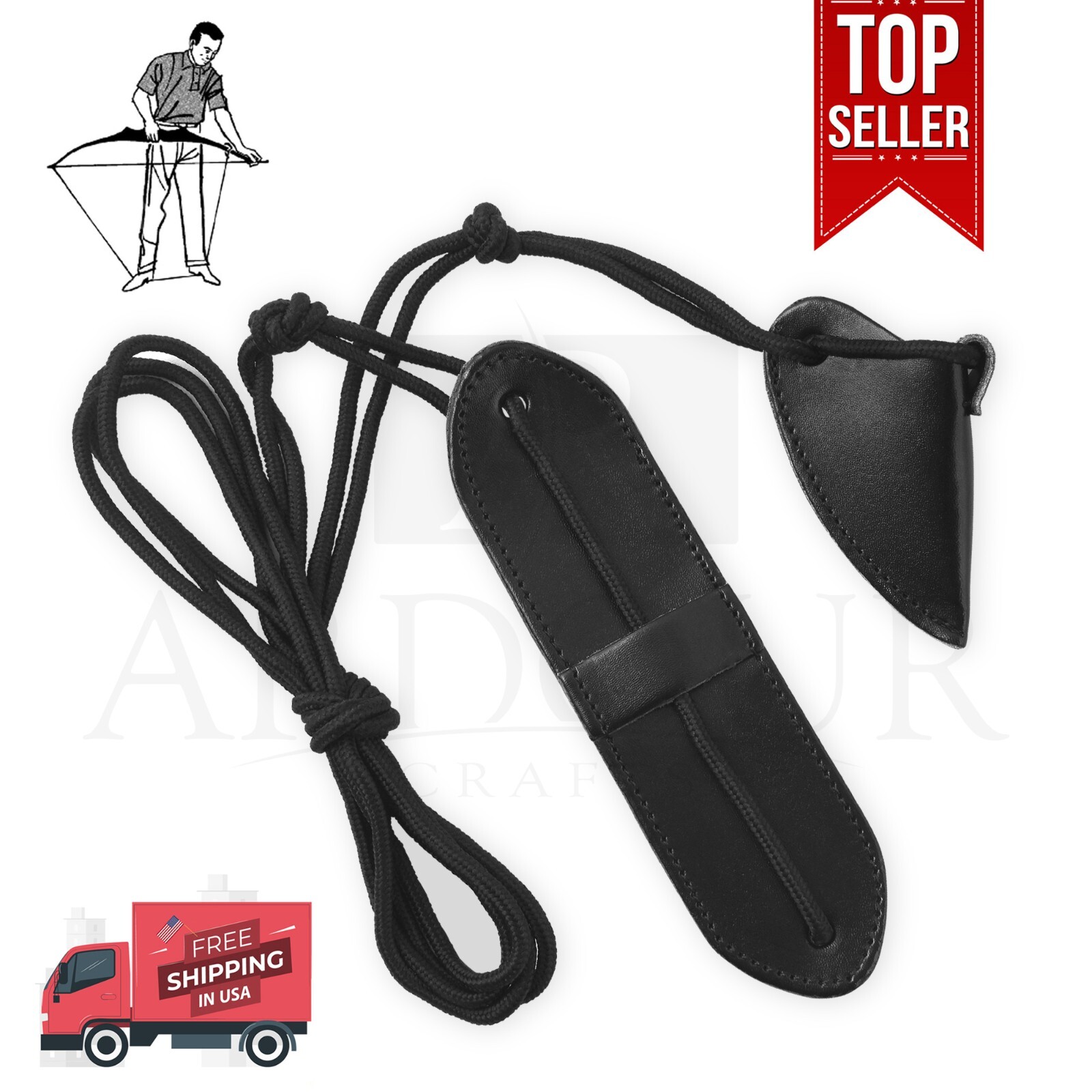Leather Bow Stringer Cowhide Leather Black Archery Bowstring Tool Rope Stringers