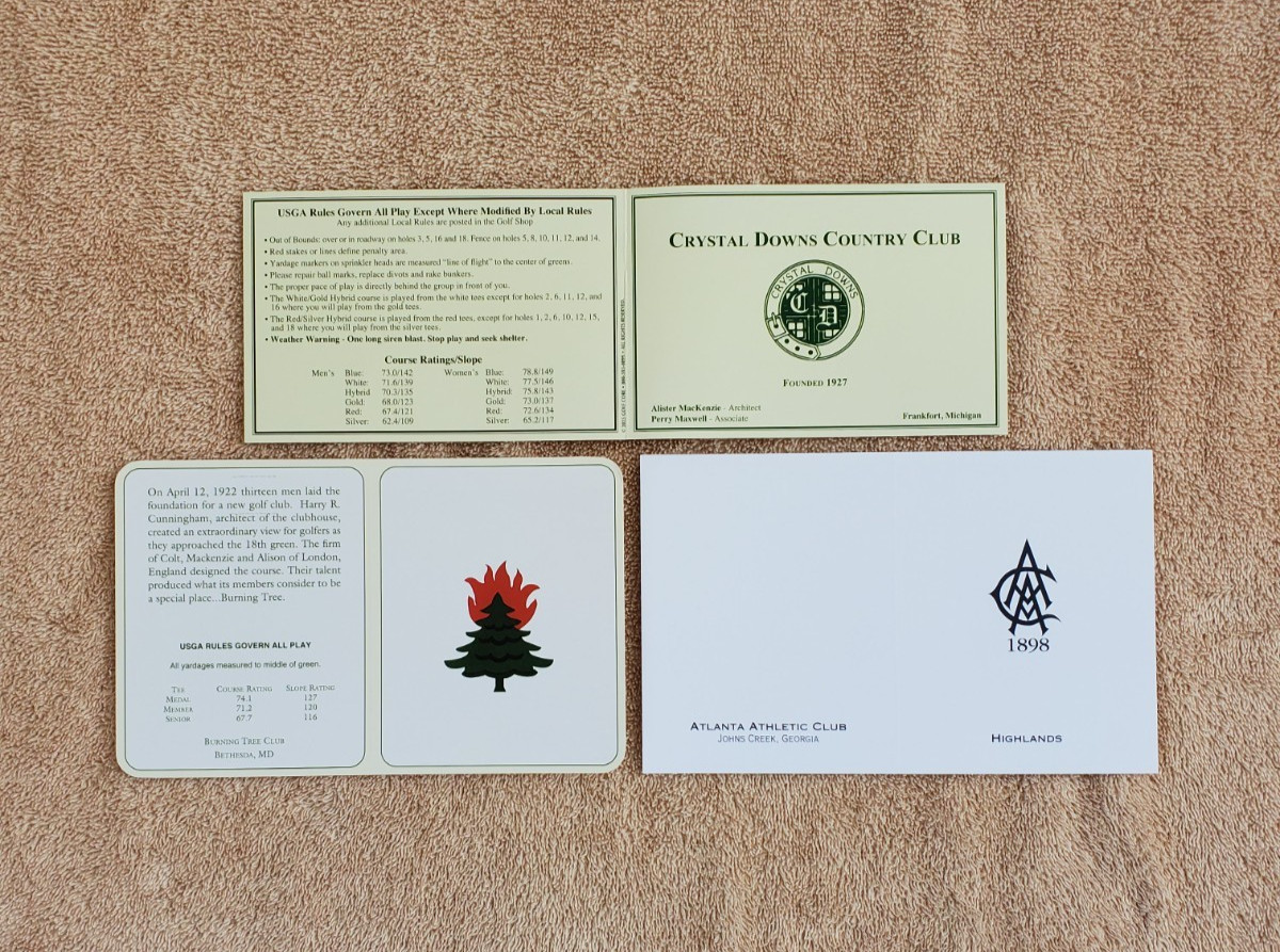 CRYSTAL DOWNS, ATLANTA ATHLETIC CLUB, BURNING TREE GOLF SCORECARDS.  TOP 100