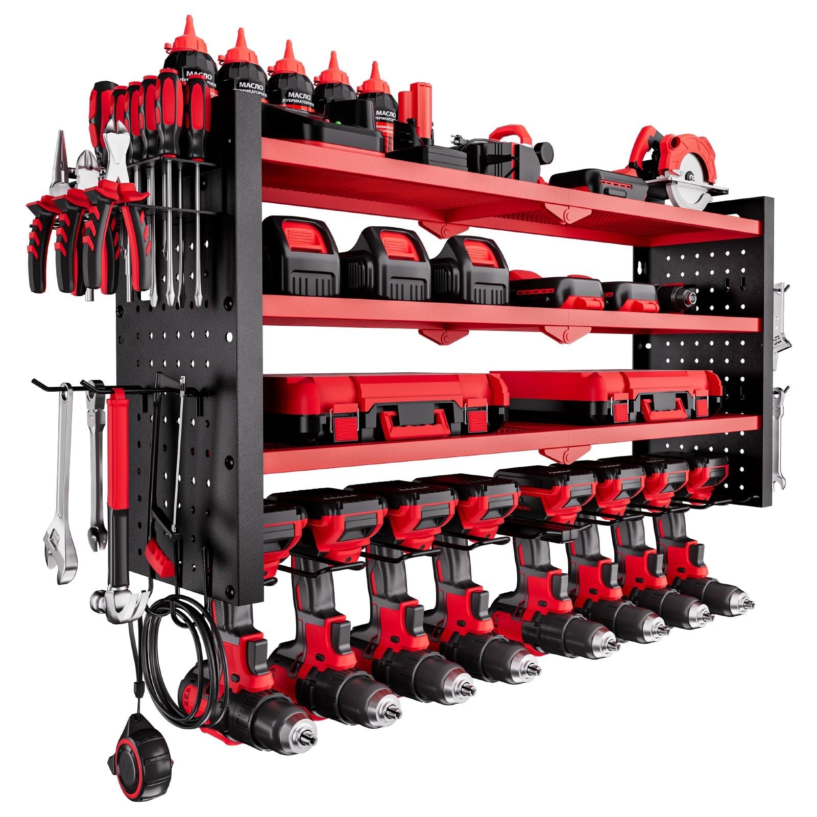 4-Layer Wall Mount Tool Organizer Rack with 8 Drill Holders & Side Pegboards - G