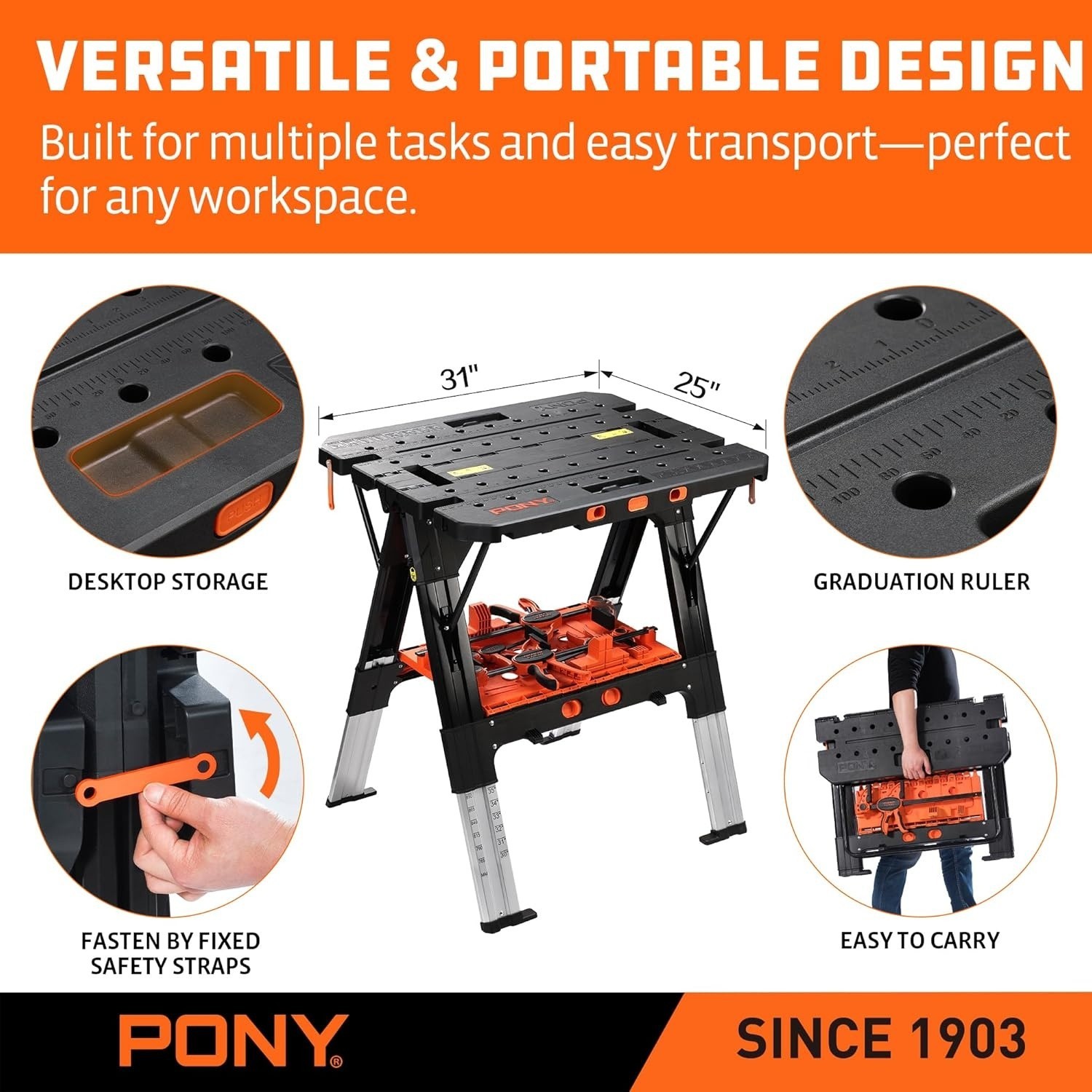 Pony Folding Work Table Sawhorse Workbench Adjustable w/ Clamps