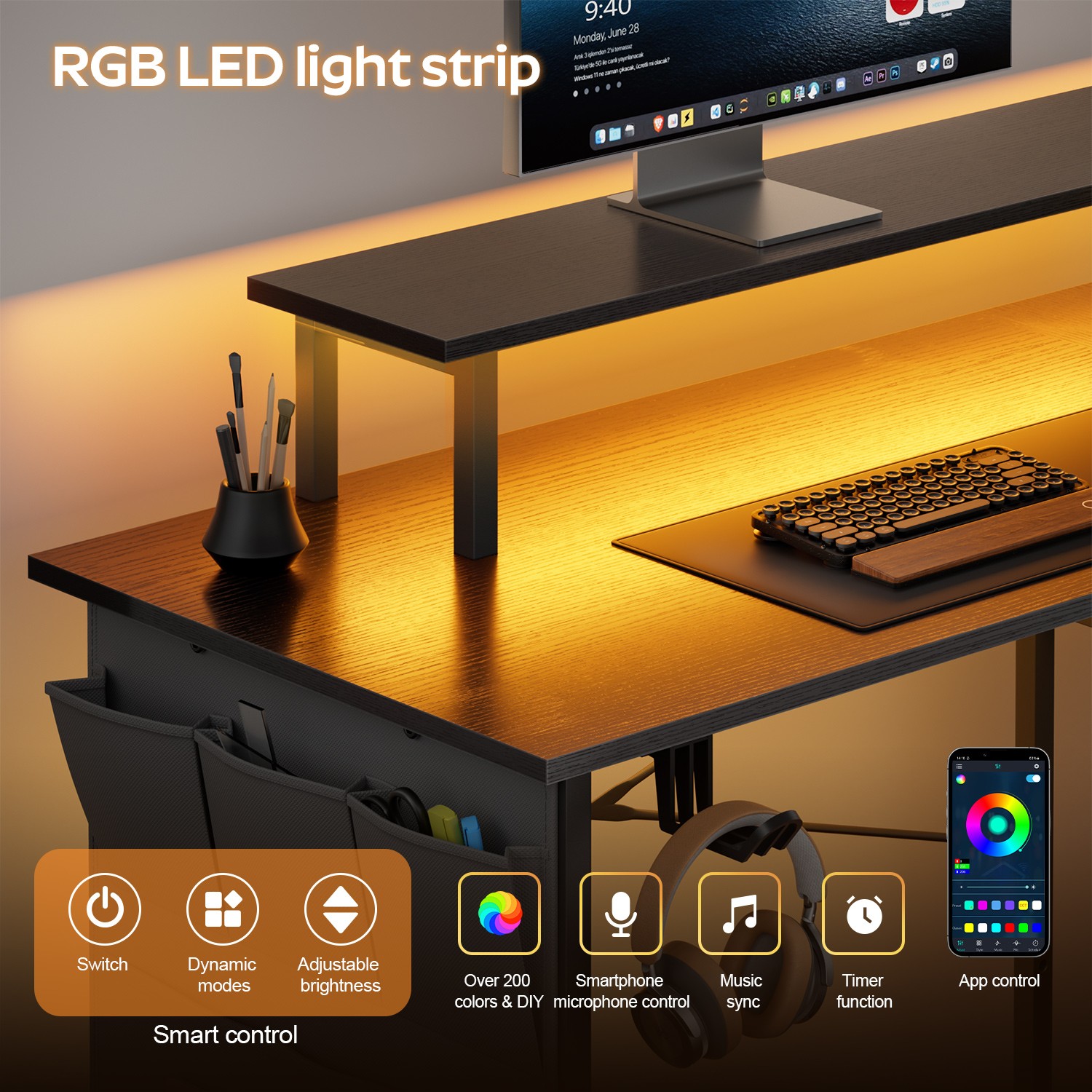 L Shaped Computer Desk with LED Light & Power Outlets, Corner Desk with Side Bag
