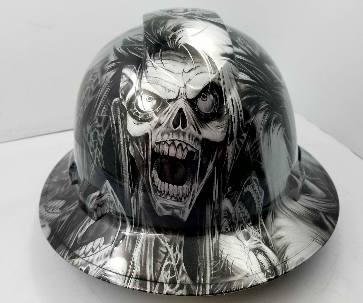 FULL BRIM Hard Hat custom hydro dipped SILVER  N BLACK CYBORG SKULL SICK NEW