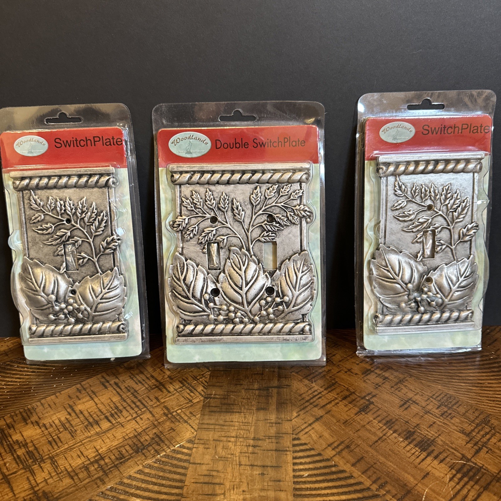 Woodlands Warm Pewter Leaf Switch Plates Lot – 2 Single + 1 Double NIP