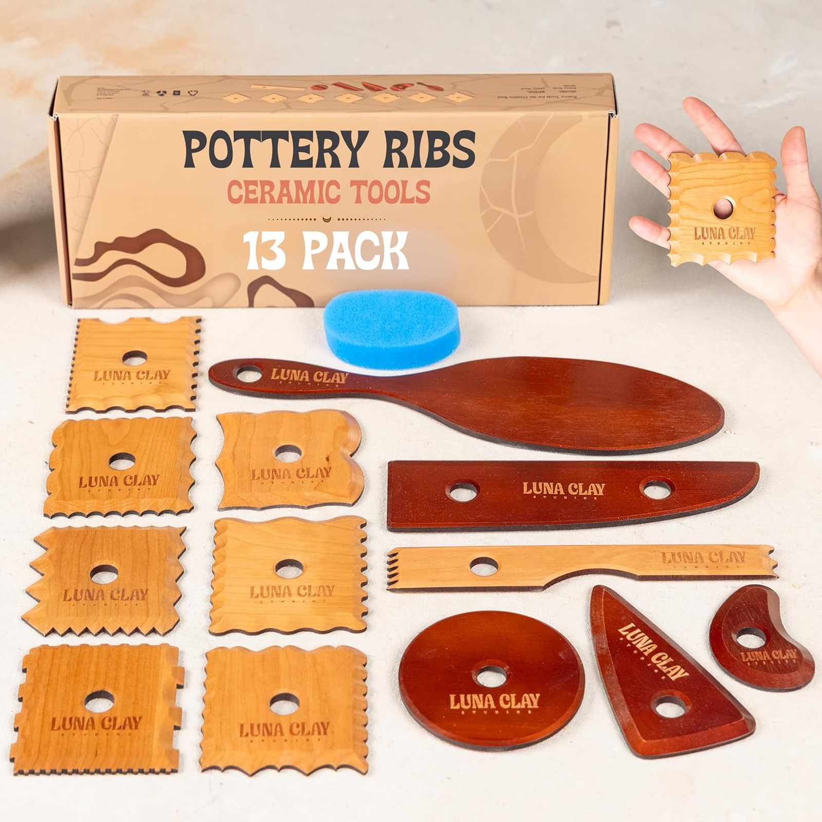 Pottery Tools and Ribs Set, 13 Pieces Kiln-Dried Cherry Wood Clay Ceramic Tools