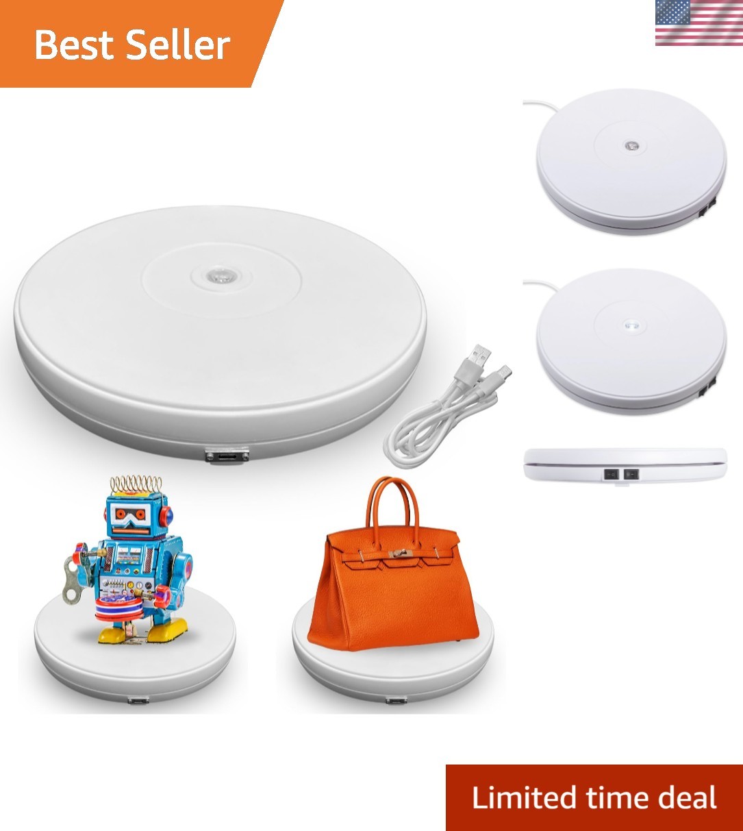 White Electric Rotating Turntable Display Stand with LED - Ideal for Exhibitions