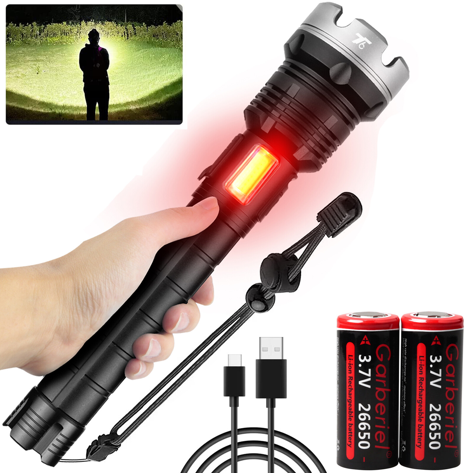 Super Bright P90 LED Flashlight Rechargeable Tactical Zoom Torch COB Work Light