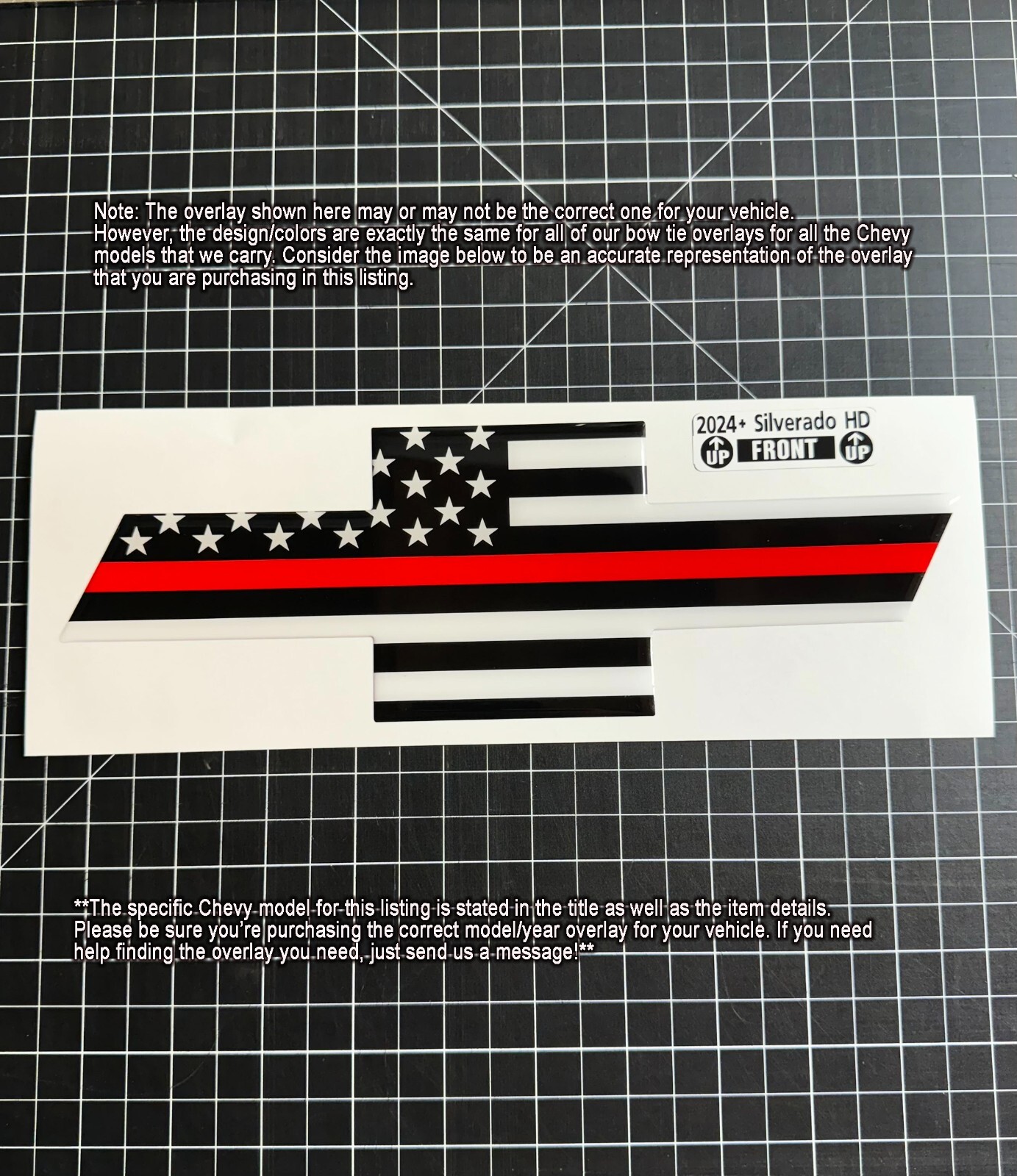 Fits 2014-2024 Silverado *ONLY* DOMED USA flag emblem overlay precut B&Wthinred
