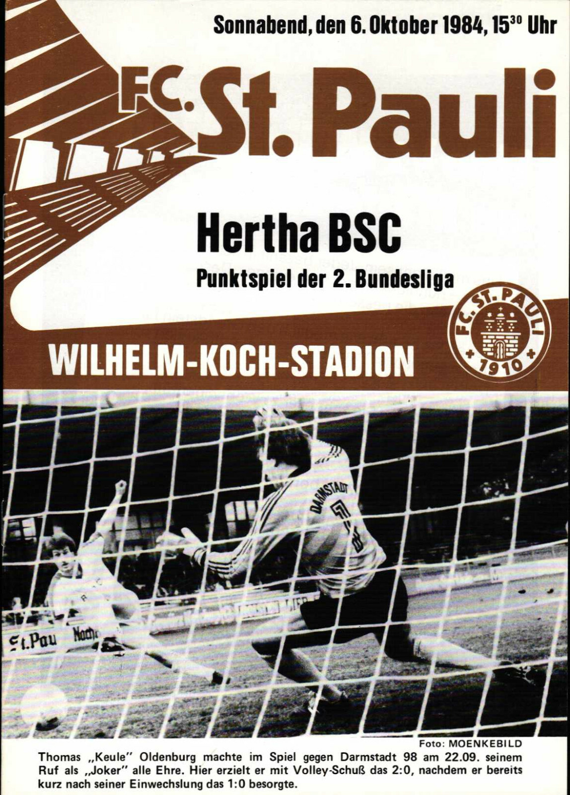 II. BL 84/85 FC St. Pauli - Hertha BSC, 06.10.1984 Including Sylt Timetable 1984