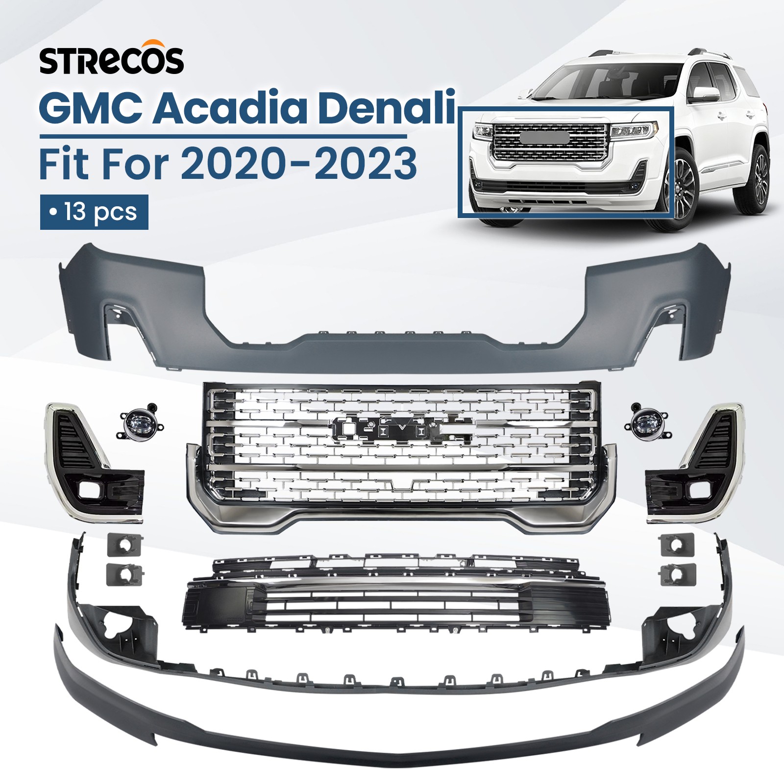 Front Bumper Cover Assembly For 2020-2023 GMC Acadia Denali Grille Grill Set