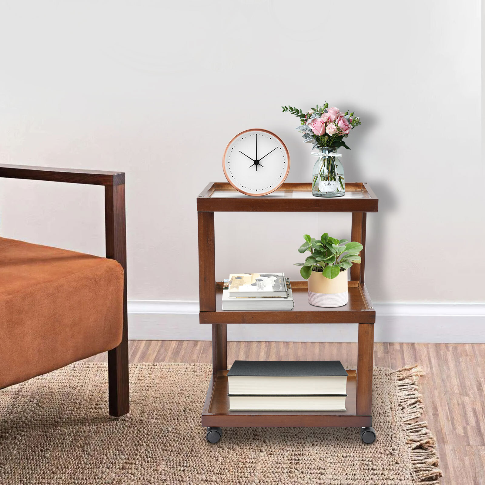End Table 3-Tier Wood Nightstand End Table for Small Spaces with Open Storage