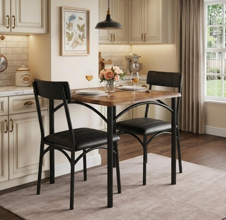 Space-Saving 3-Piece Dining Table Set for 2 – Square Kitchen Table with Upholste