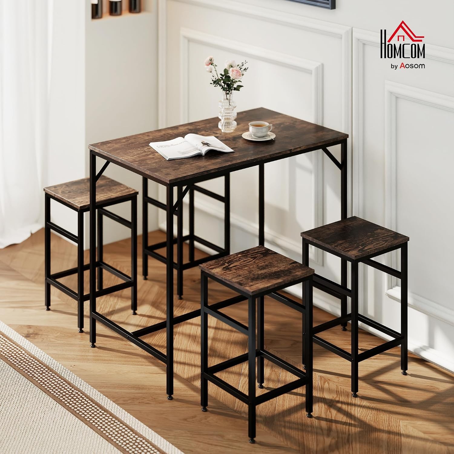 5-Piece Industrial Dining Table Set, Bar Table & 4 Stools Set, Space Saving for