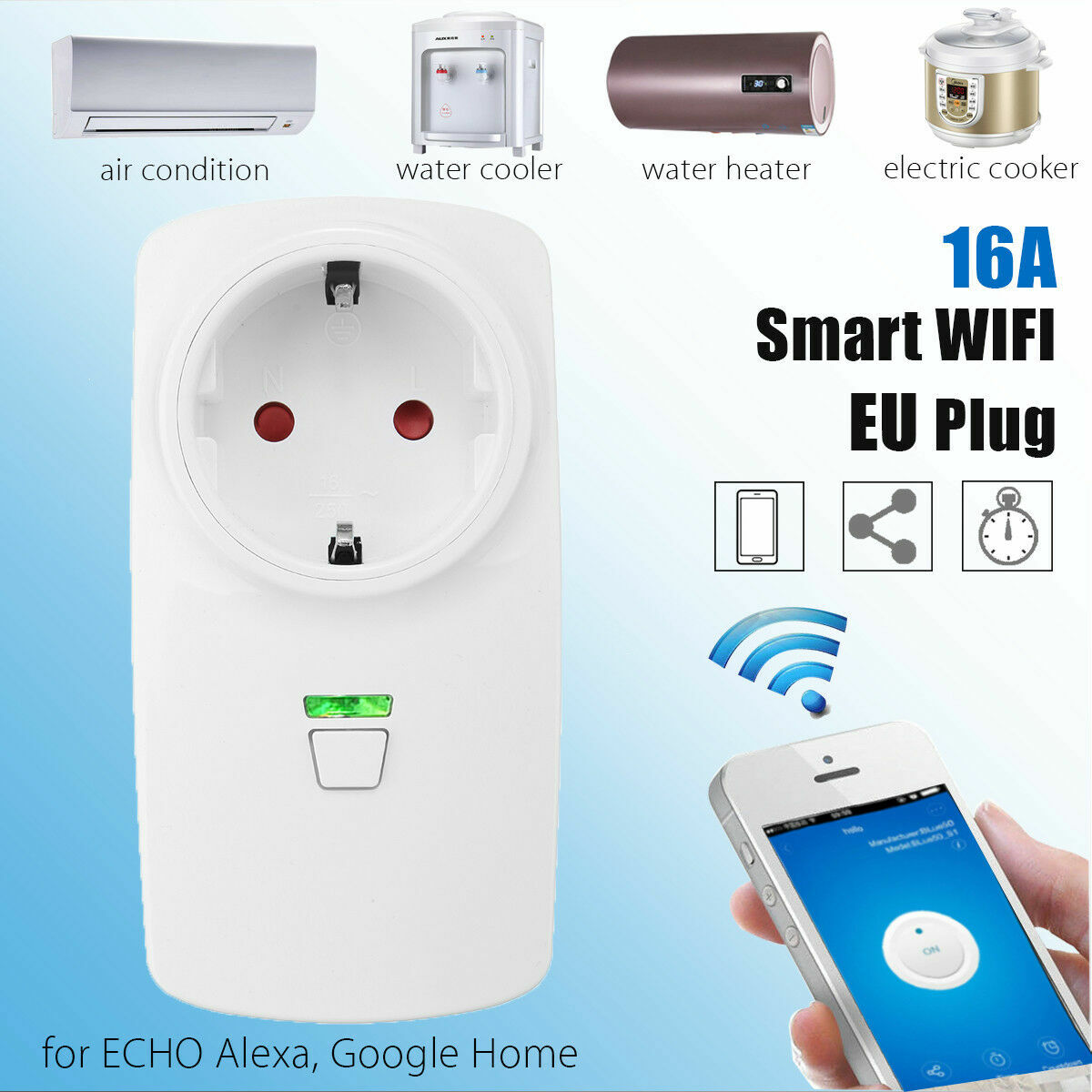 Wifi Smart 16A EU Plug Power Socket Outlet Timer APP For ECHO ALEXA GOOGLE HOME