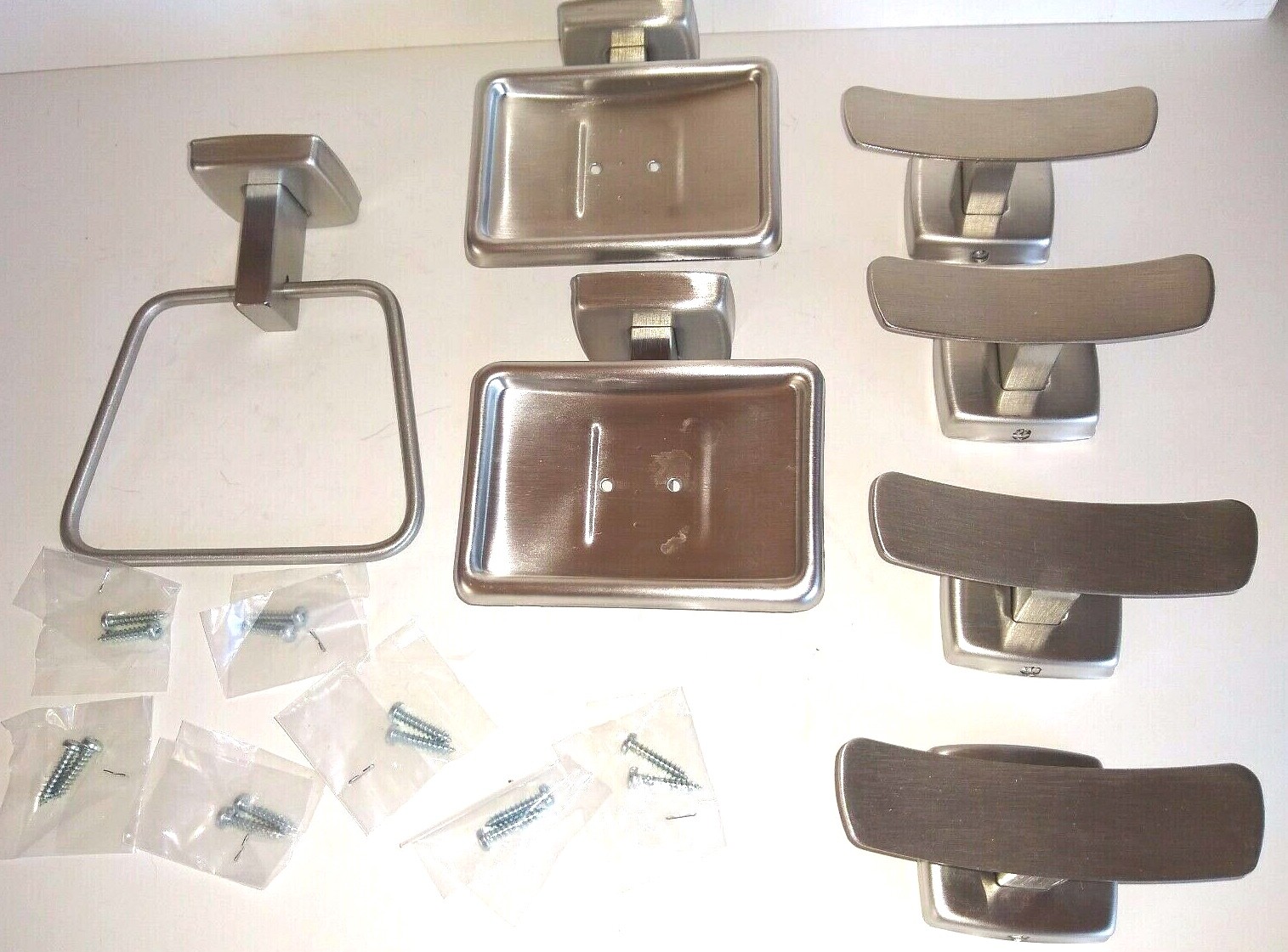 Brushed Stainless Bathroom Set Towel Ring (1) Soap Dishes (2) Robe Hooks (4)