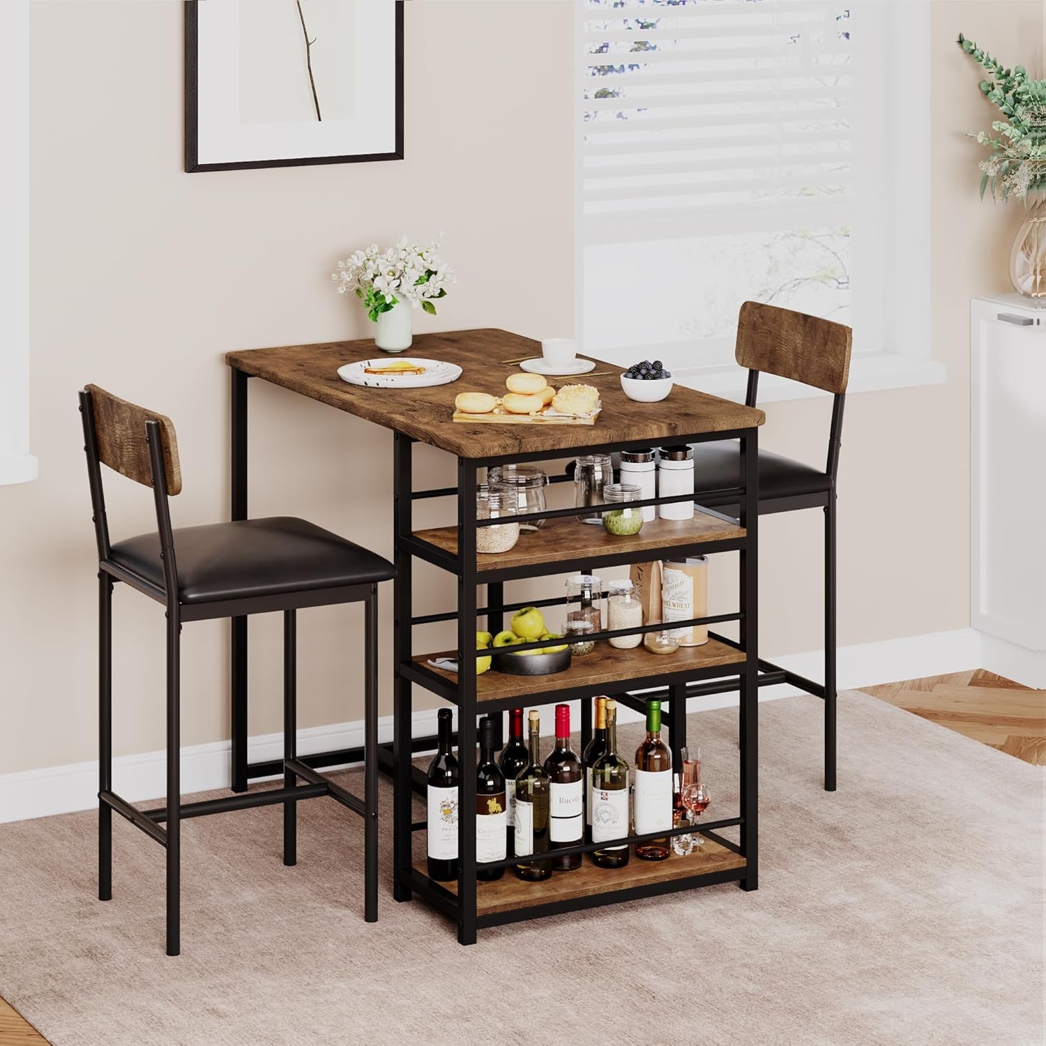 Dining Table Set 2 Counter Height Kitchen Table W/ 2 Upholstered Bar Stools