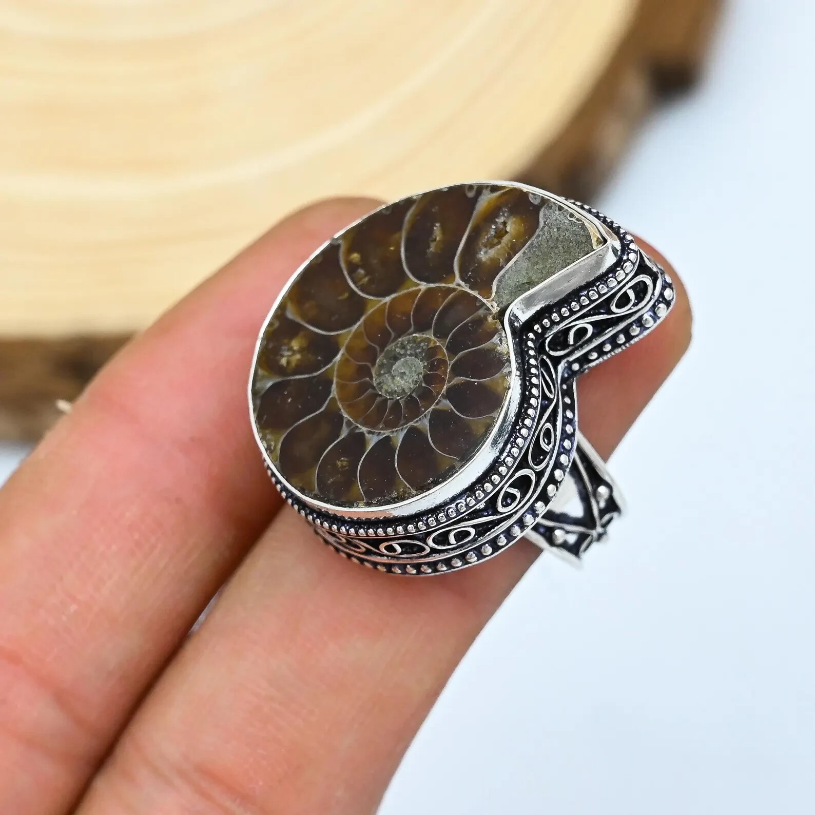Natural Ammonite Fossil Ring 925 Sterling Silver Ring Gemstone Ring Women's Ring