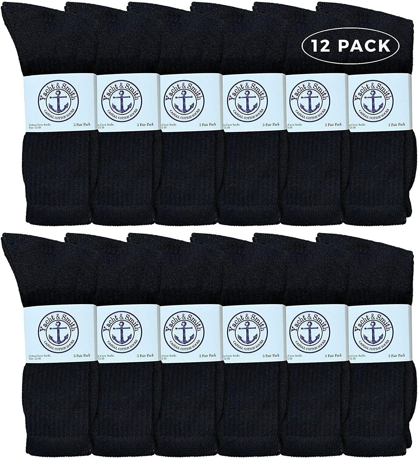 12 Pair Mens King Size Premium Cotton Crew Socks Black Size13-16 Mens Crew Socks