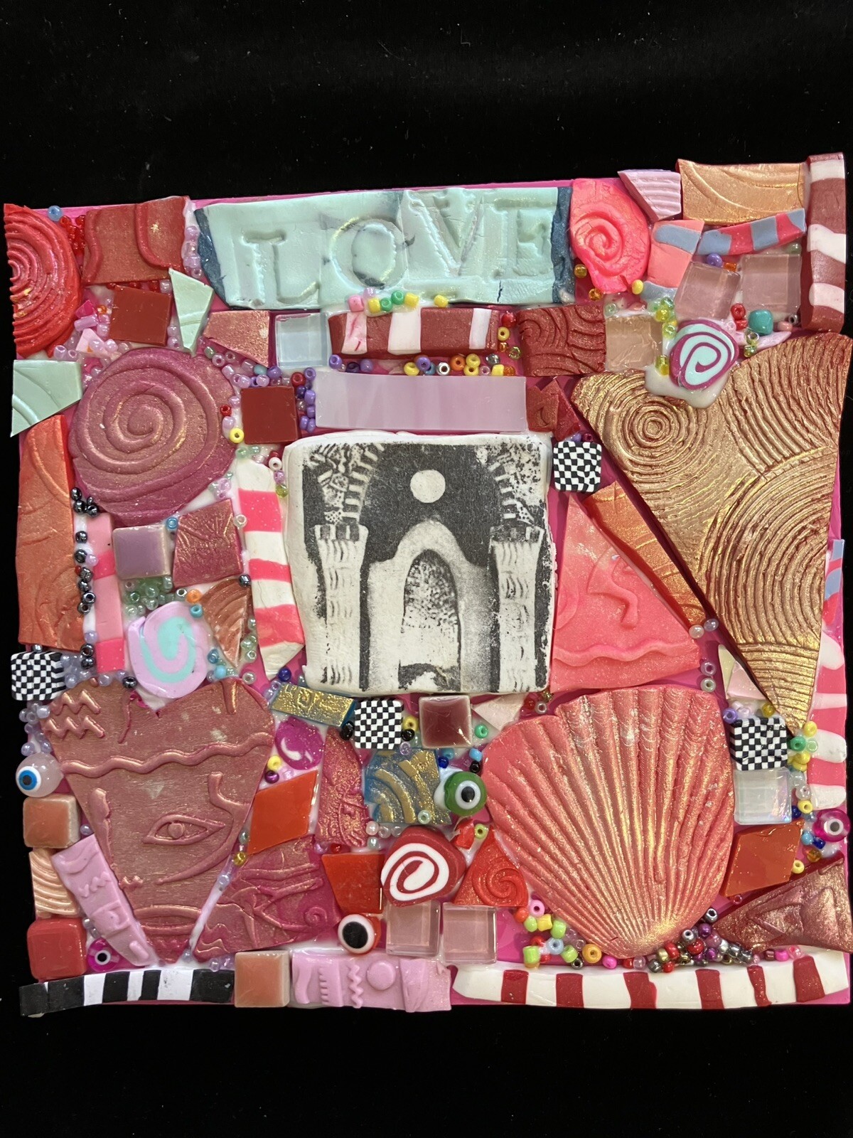 Handmade Mosaic Art “ Follow Your Bliss”Polymer Clay Original On Wood 6”x6”