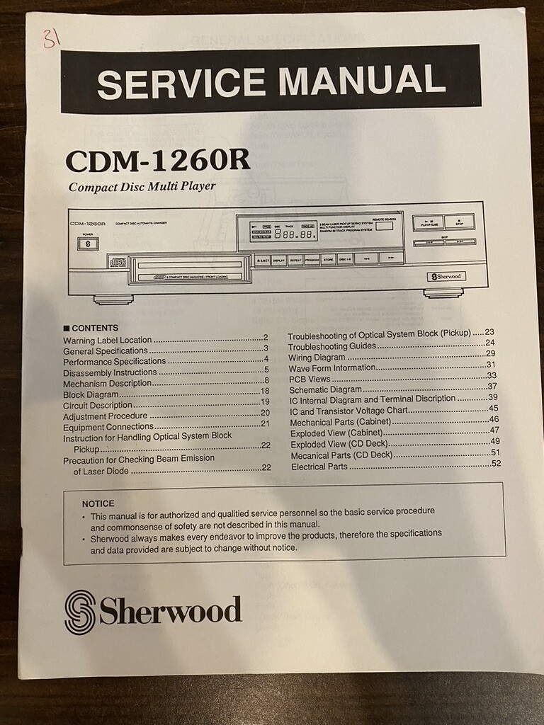 SHERWOOD CDM-1260R CDM1260R Service Manual **ORIGINAL**