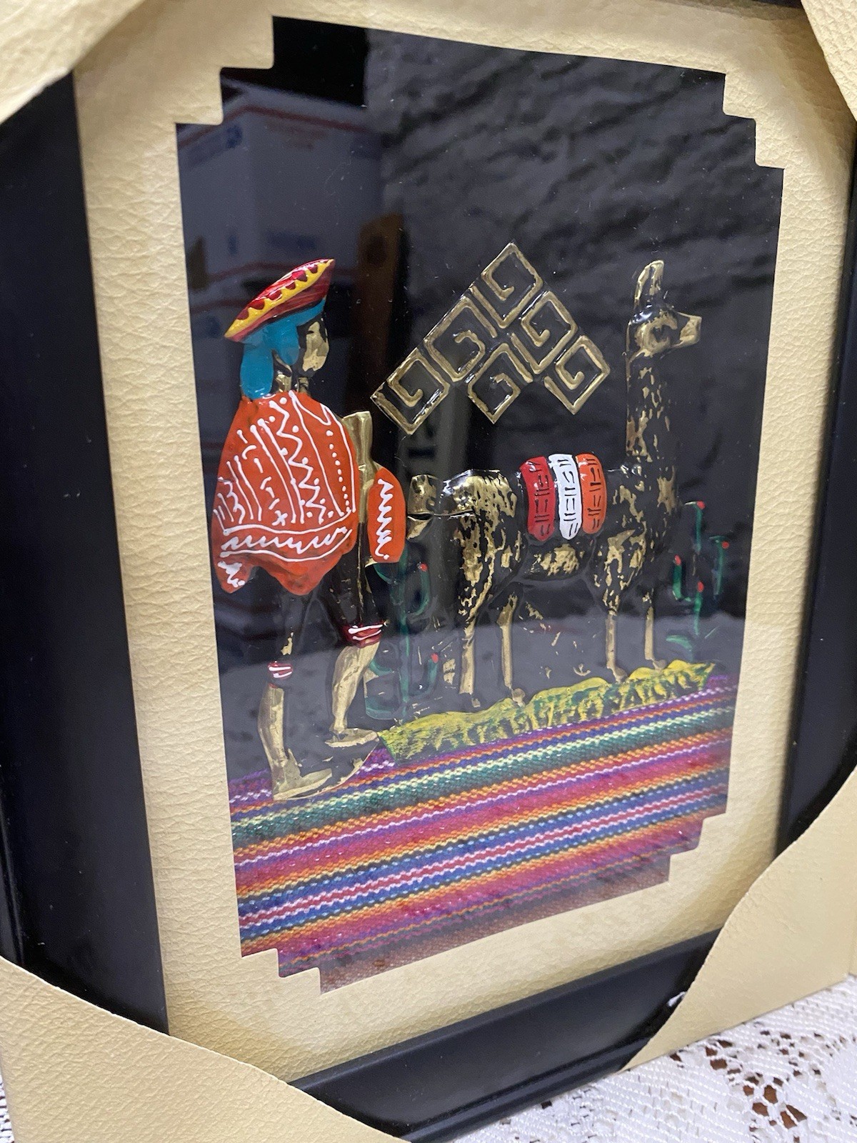 2 Peruvian Folk Art 3D Metal, Glass & Textile Llama Wall Art Plaques 10.5x8.5”