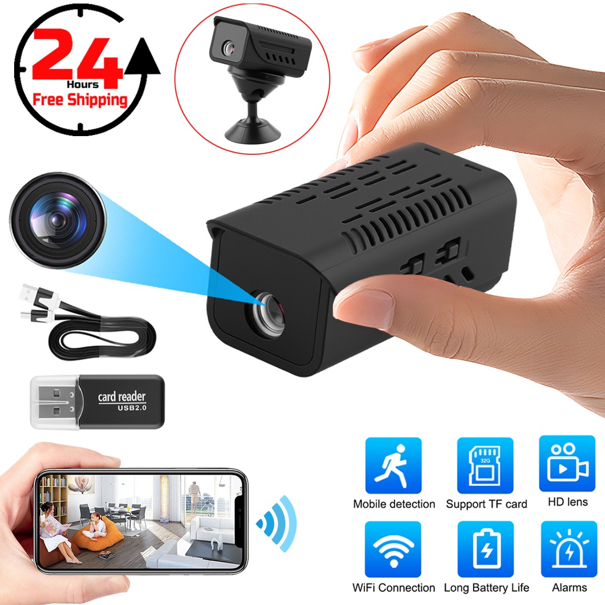 1080P Mini Camera WiFi IP Motion Detection Security Cam For Home + 32GB SD Card