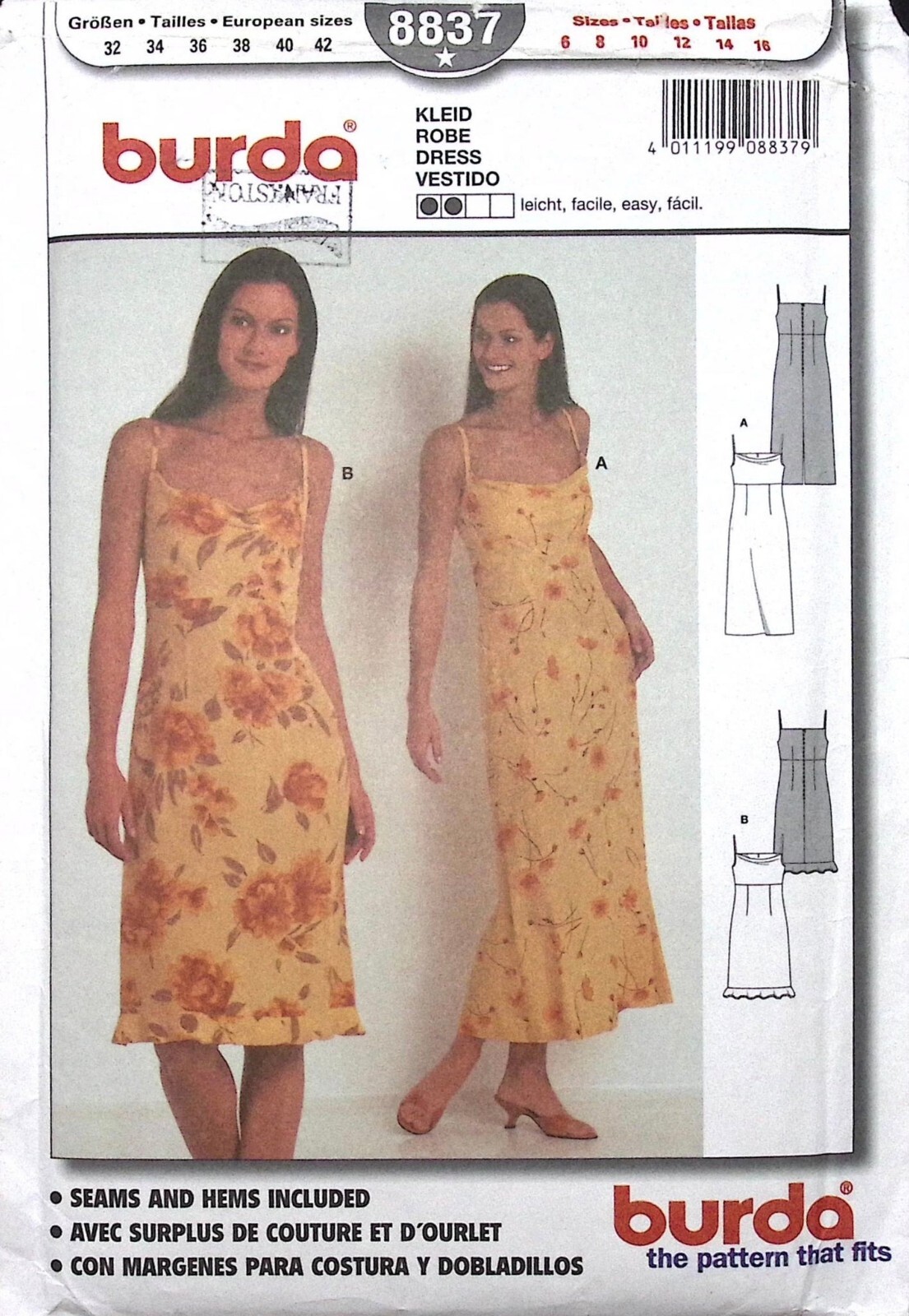 UNCUT FF Sewing Pattern Burda 8837 Dress Kleid Spaghetti Strap Misses Size 6-16