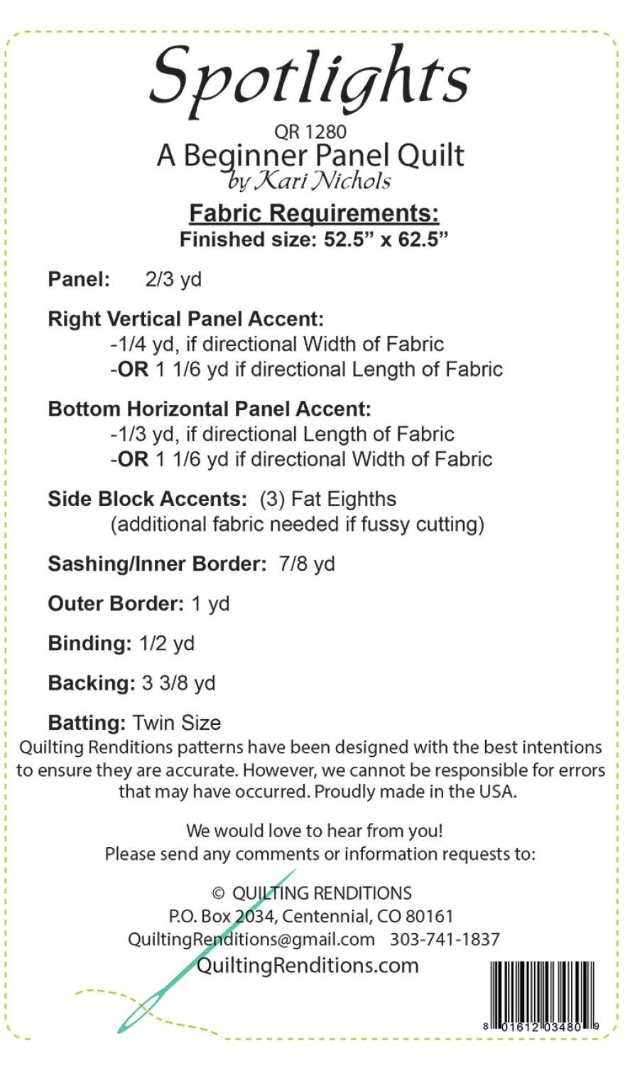 SPOTLIGHTS Panel Quilt Pattern by Quilting Renditions Finish at 52.5" x 62.5"