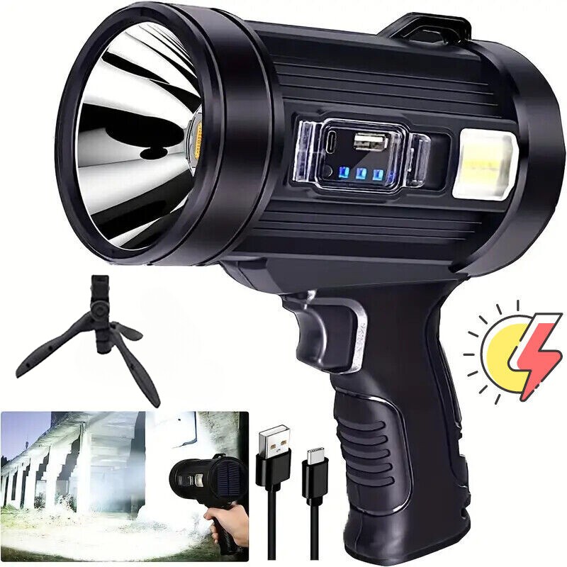 Super Bright Solar/USB Rechargeable LED Spotlight Flashlight Searchlight w/Stand