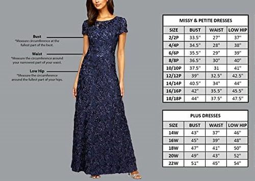NWT Alex Evenings Short Sleeve Lace Sequin Rosette A-Line Gown Navy Dress Sz 14W