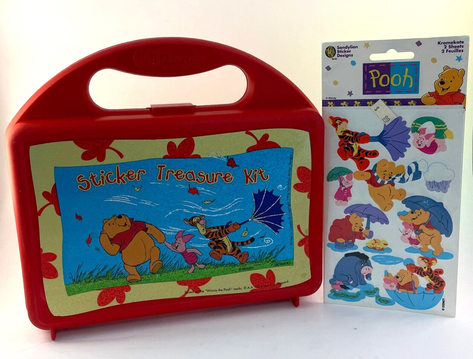 Vtg Winnie the Pooh Sticker Treasure Kit Carry case Disney Sandylion w/ stickers