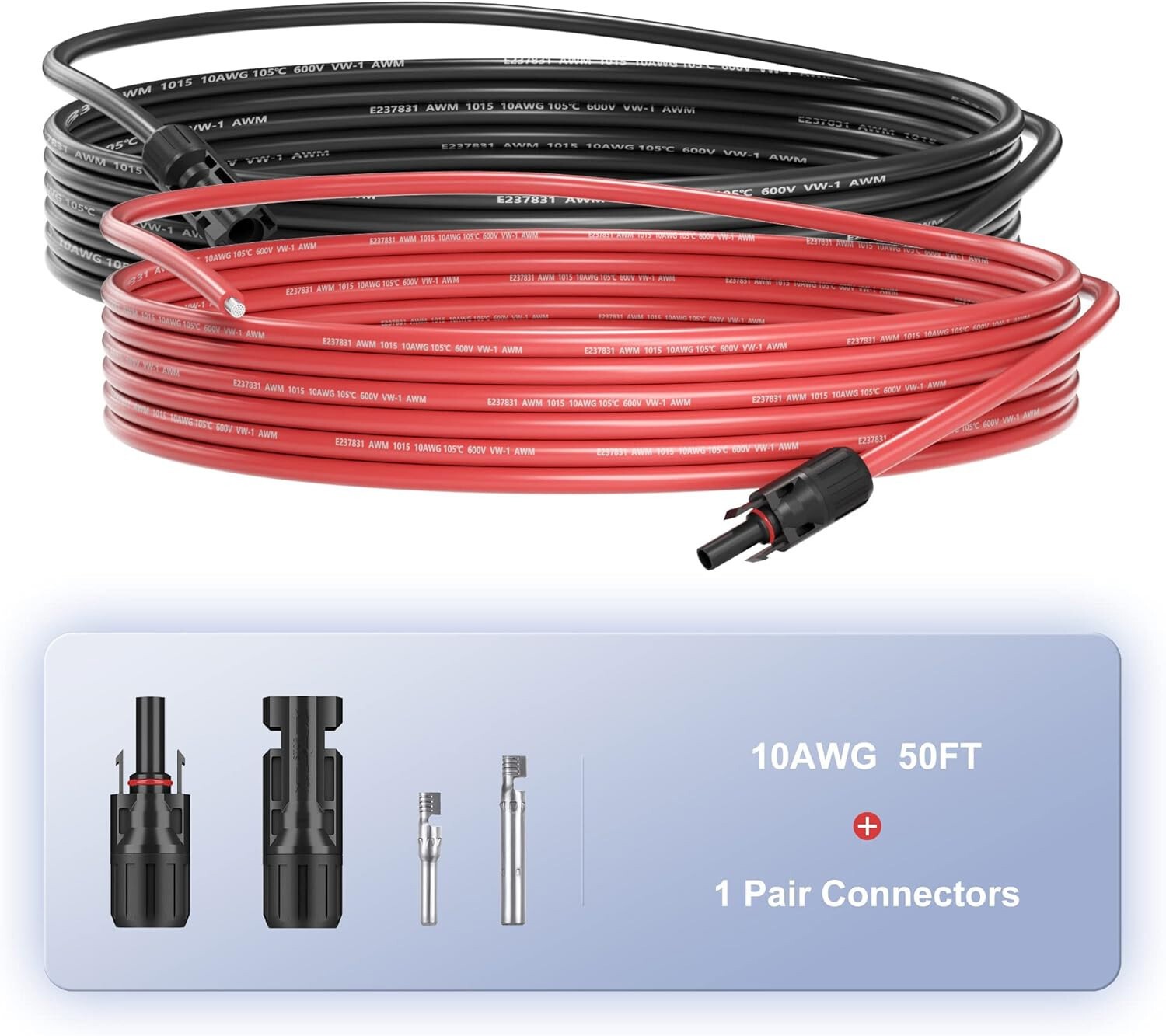10AWG Solar Panel Extension Cable 50FT Black+Red Cable Flexible Wire Connectors
