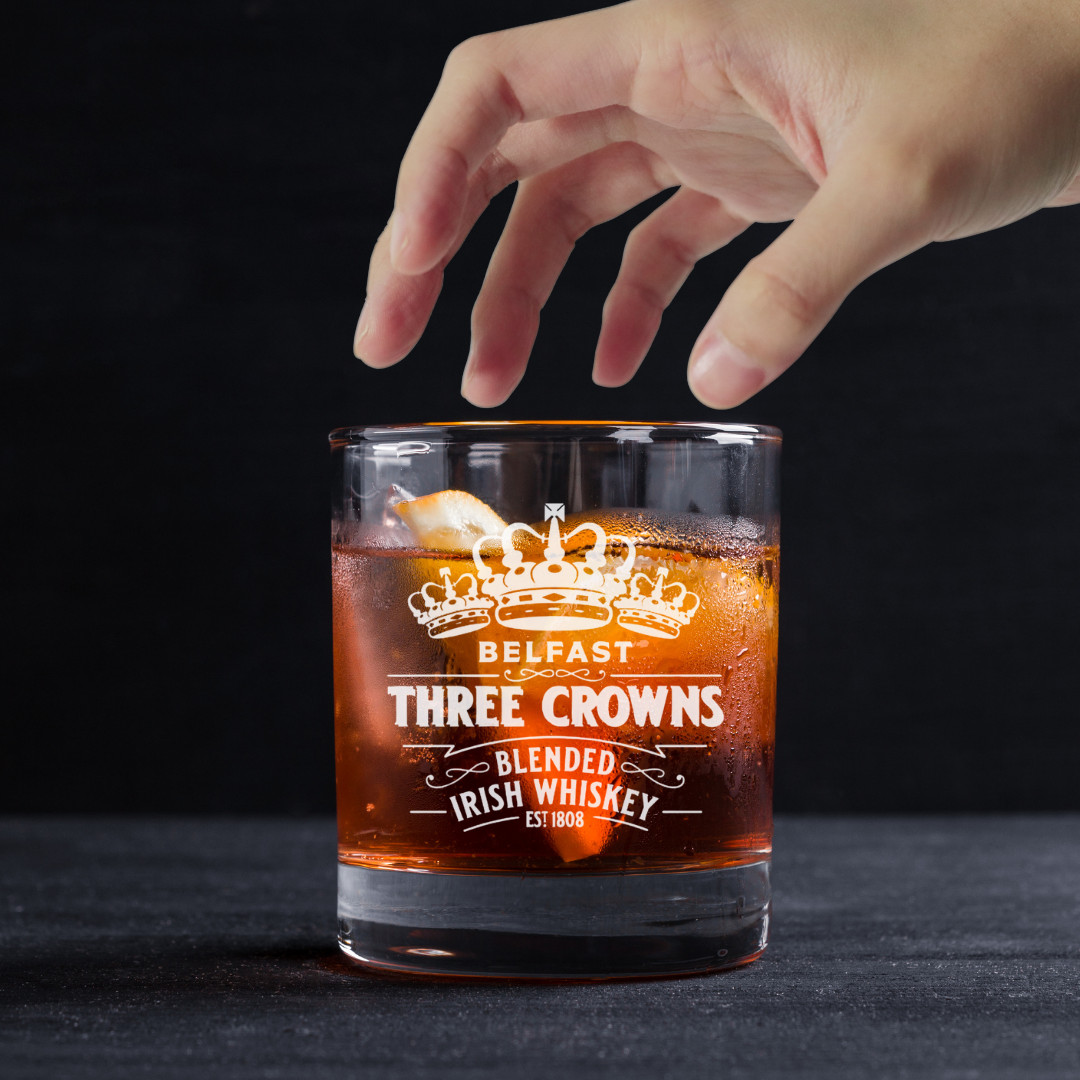 Custom Engraved Three Crowns Whiskey Glass – 11 oz Standard Rocks Glass