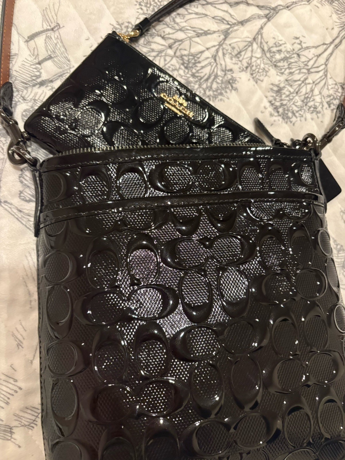 Coach Black Patent Leather Logo Crossbody Bag with Wristlet for Women