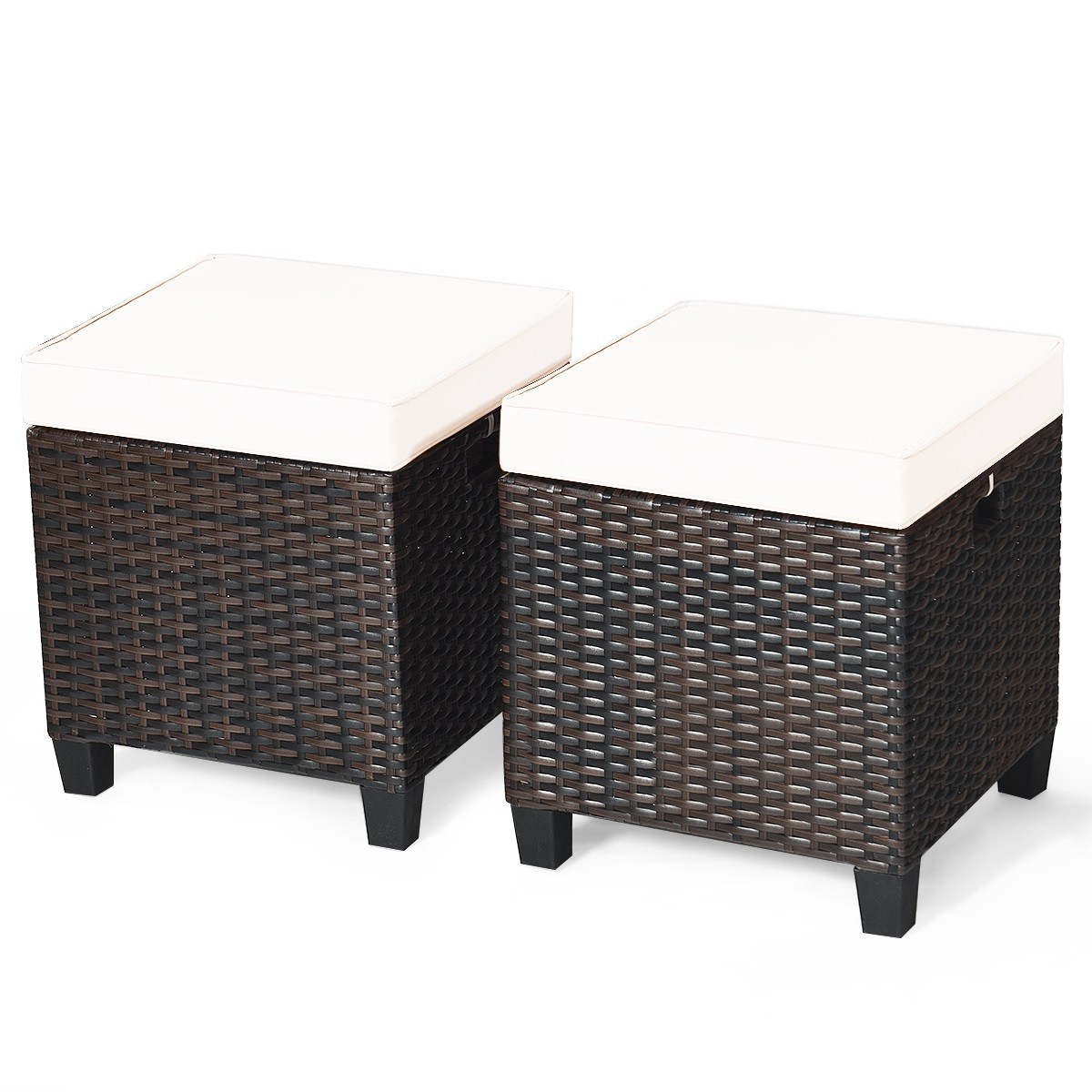 2PCS Patio Rattan Ottoman Cushioned Seat Foot Rest Coffee Table Furniture Beige