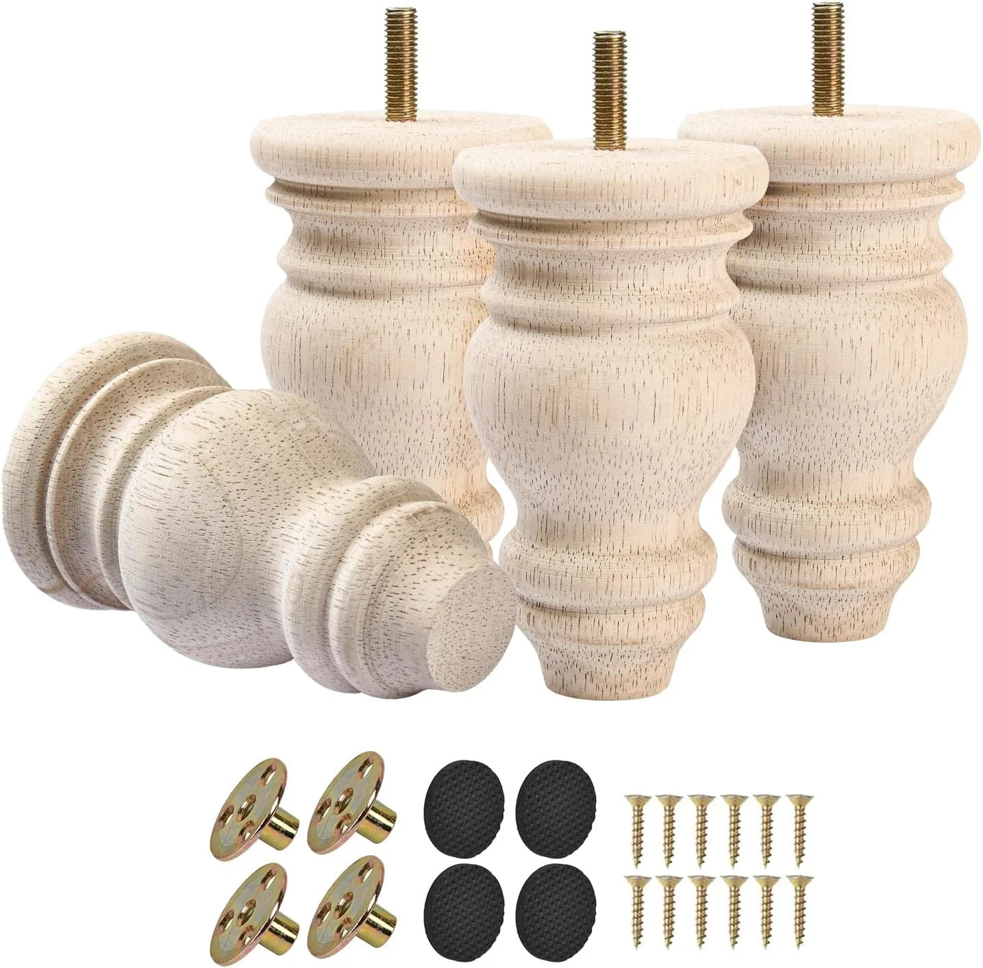 5 Inch / 12Cm Wooden Furniture Legs,  Pack of 4 Unfinished Solid Wood Turned DIY