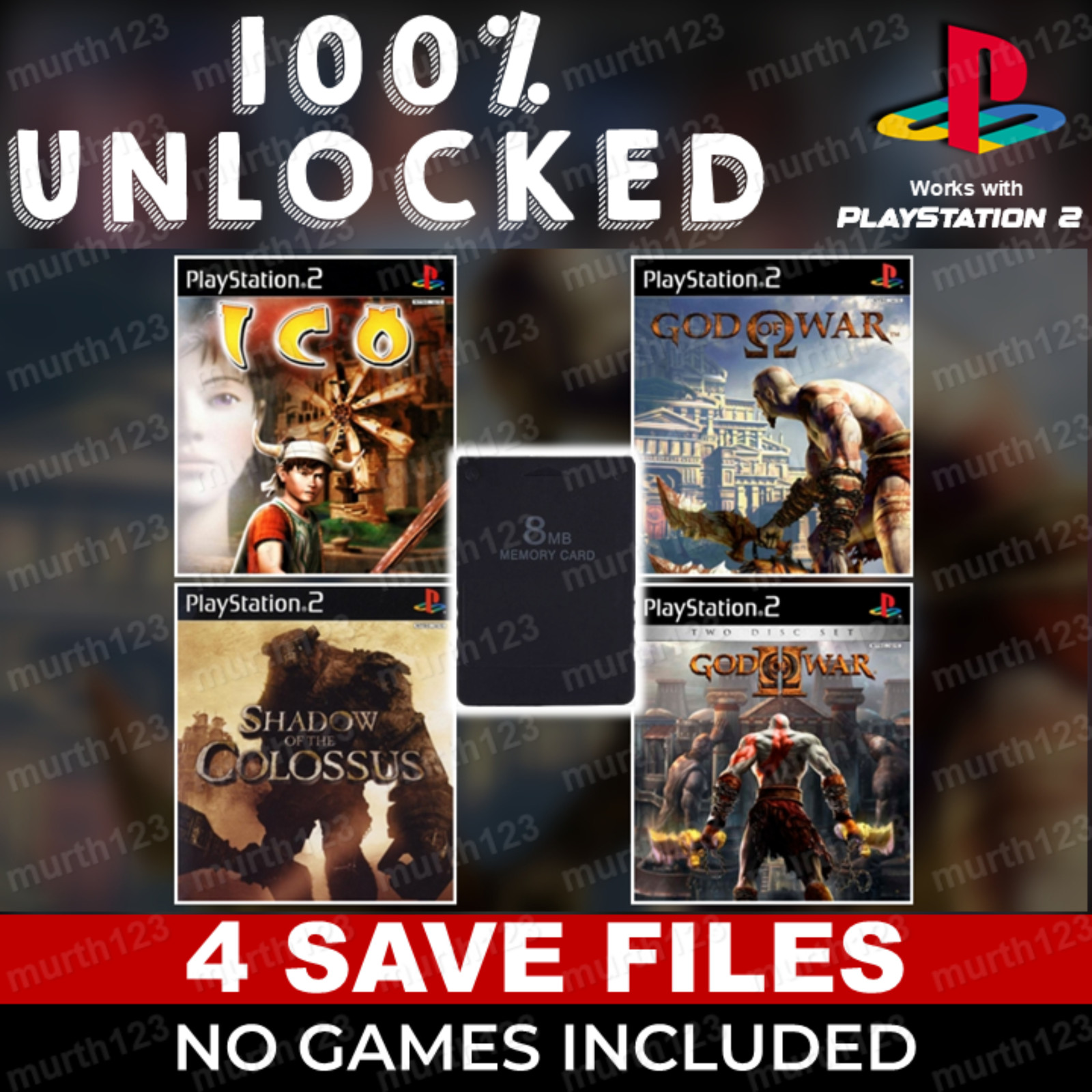 ICO Shadow of the Colossus God of War 1 & 2 PS2 Memory Card 100% Unlocked Beaten