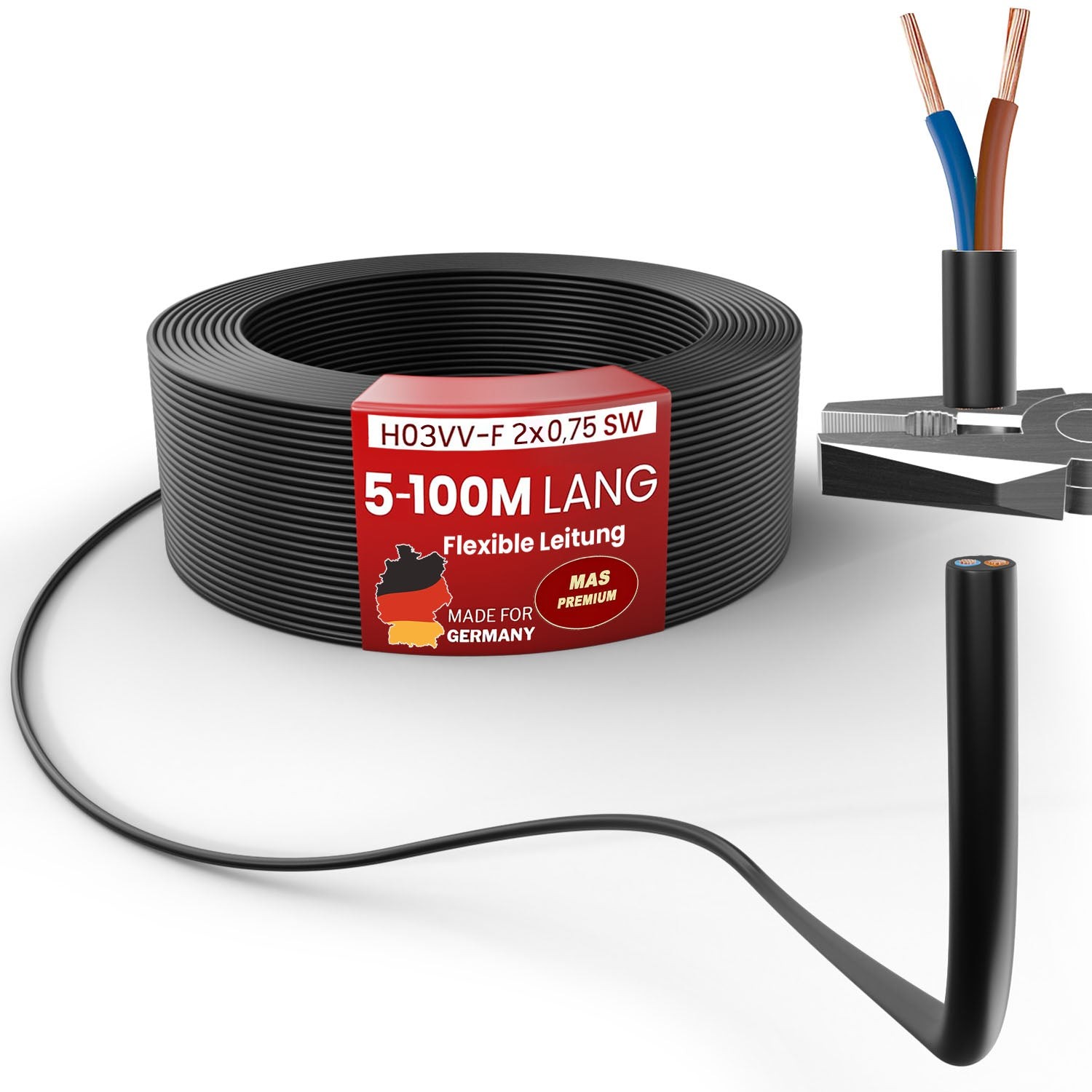 5 -100 m plastic hose line H03VV-F 2 x 0.75 SW flexible line device cable