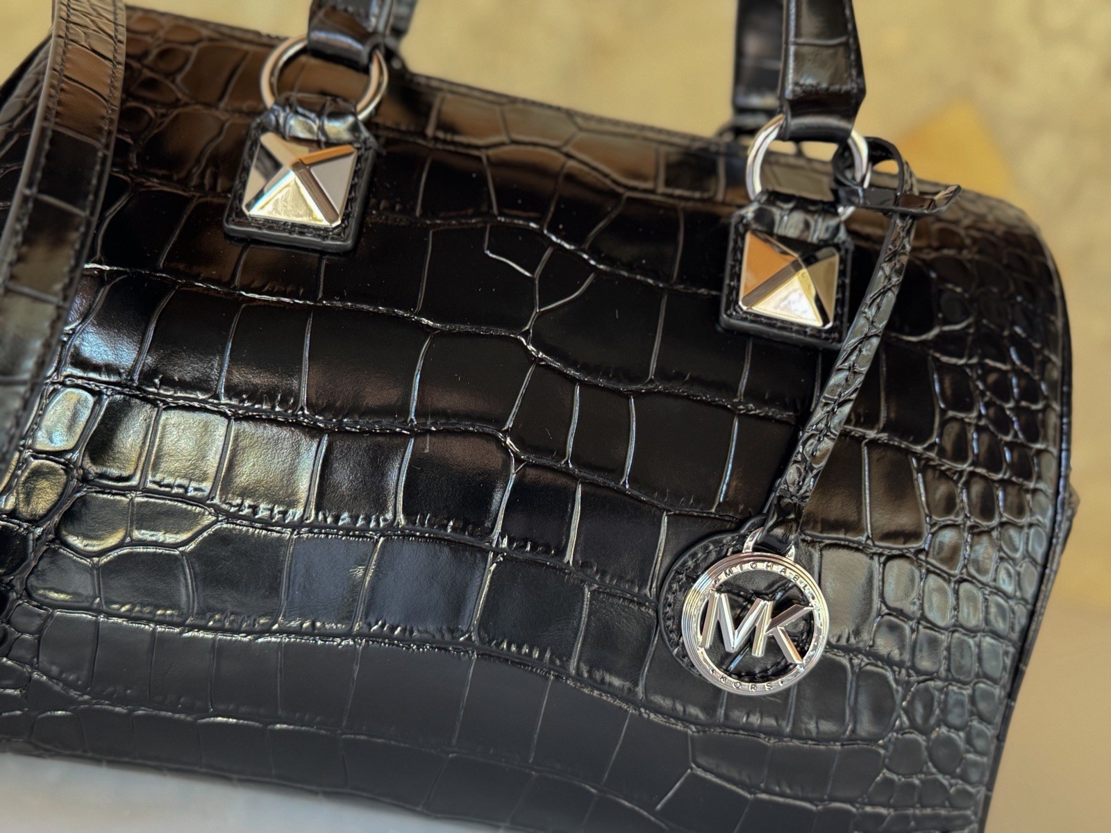 Michael Kors Grayson Medium Satchel Shoulder Exotic Embossed Leather Bag Black