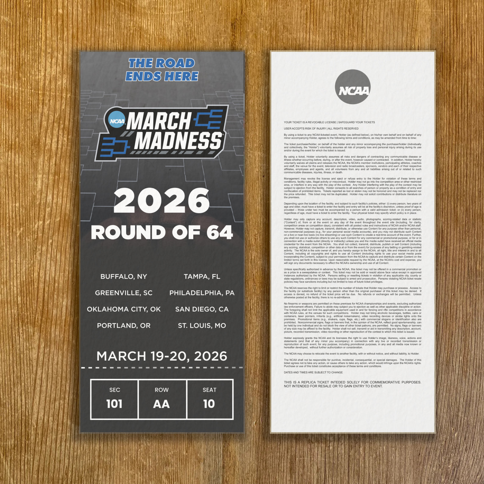 2026 NCAA Tournament Custom Ticket Stub Any Round & Seat March Madness Souvenir