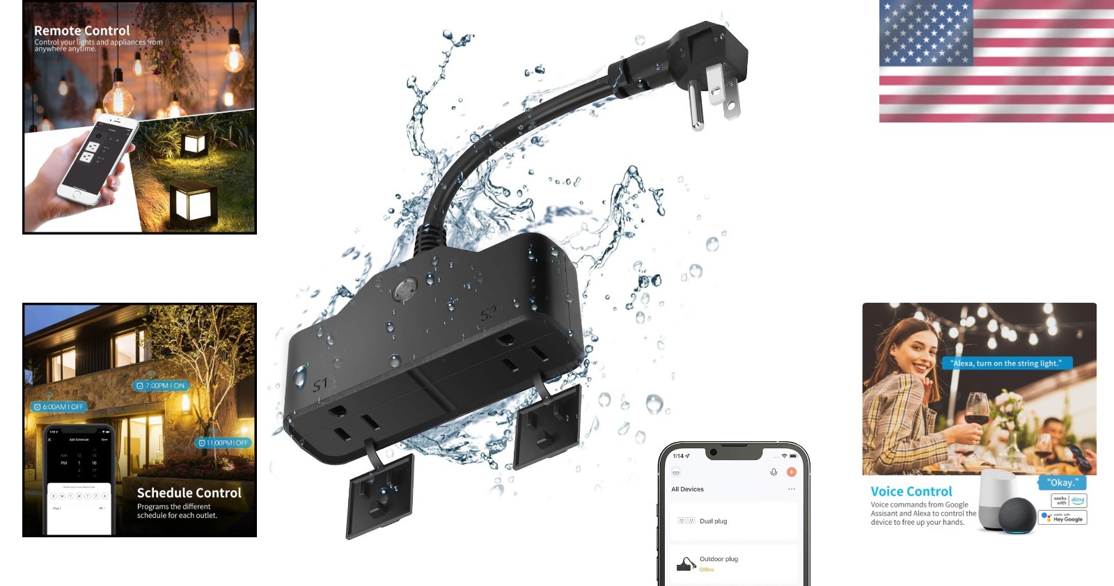 2-Socket Outdoor Smart Plug - 15A, Waterproof, Voice-Controlled Convenience