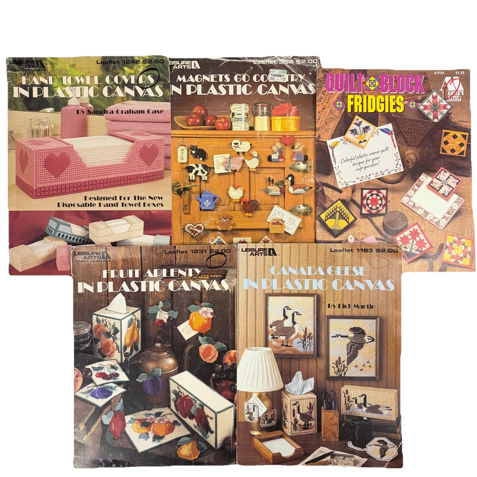 Leisure Arts Plastic Canvas Leaflet Lot Geese Fruit Magnets Quilt Tissue Cover