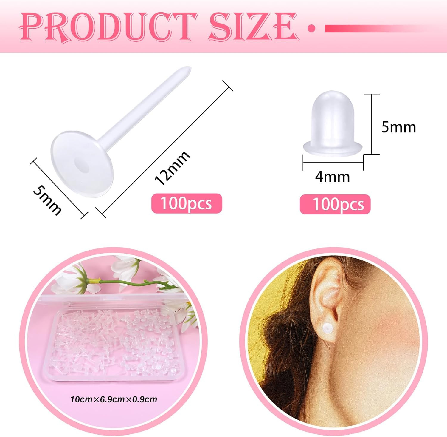100Pcs 5Mm Invisible Pierced Plastic Earrings Blank Pins Studs Tiny Head Finding