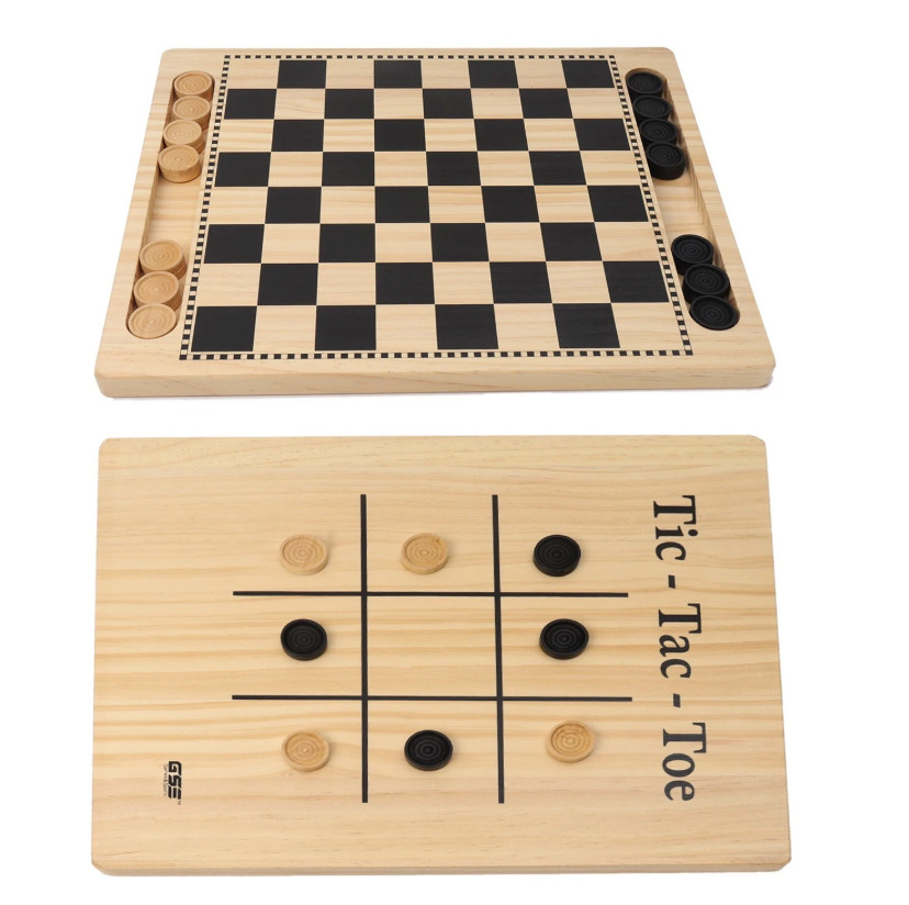 2-in-1 Wooden Checkers/Tic Tac Toe Game. Tabletop Family Board Games for Kids