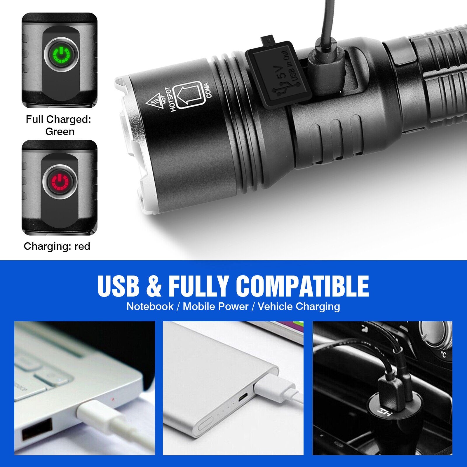 Super Bright 5000000Lumen 2Modes LED Flashlight Rechargeable Tactical Work Light