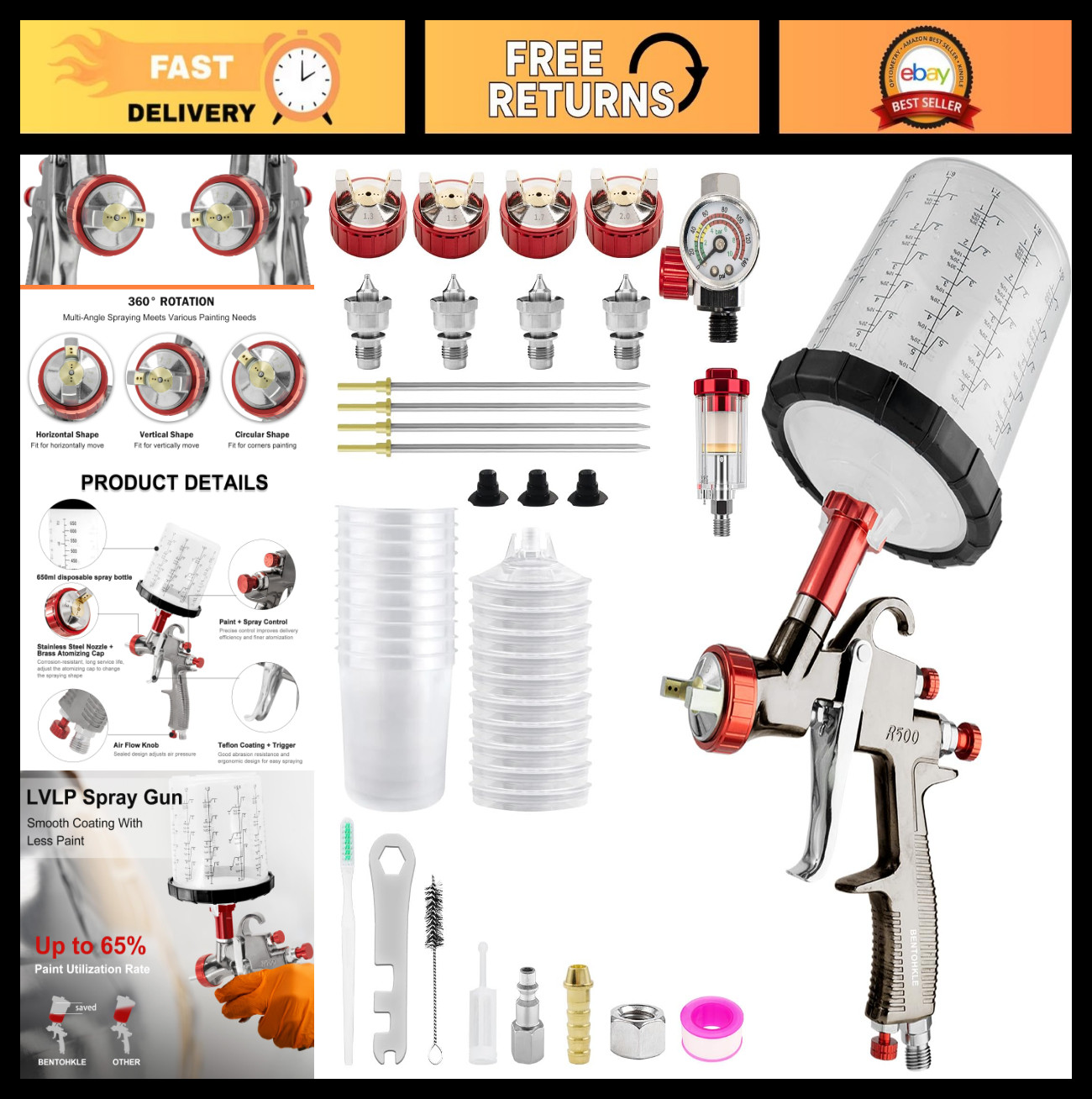LVLP Air Spray Gun 1.3/1.5/1.7/2.0mm, 10 Disposable Cups, Automotive Paint Spray