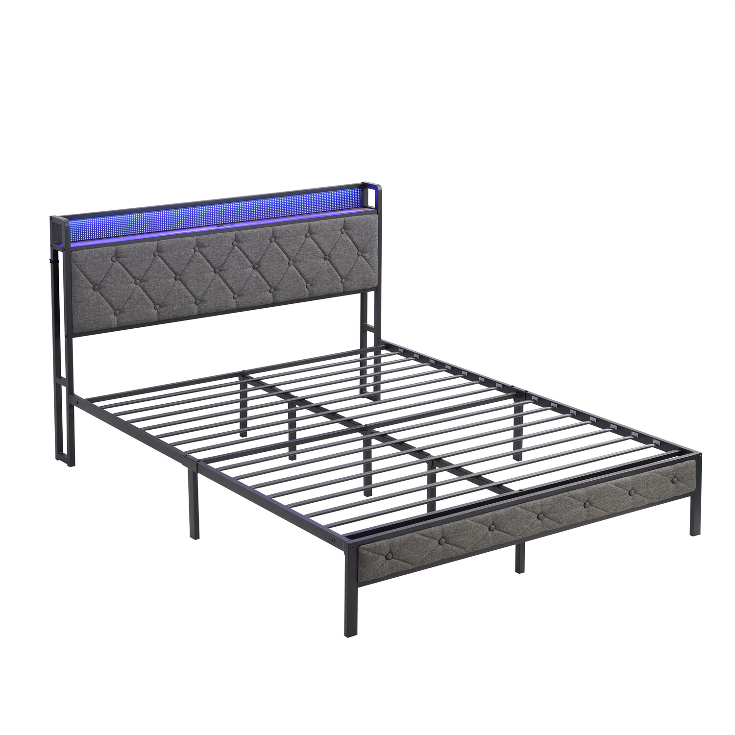 Full Size LED Bed Frame w/ Headboard and USB Port Upholstered Platform Bed Frame