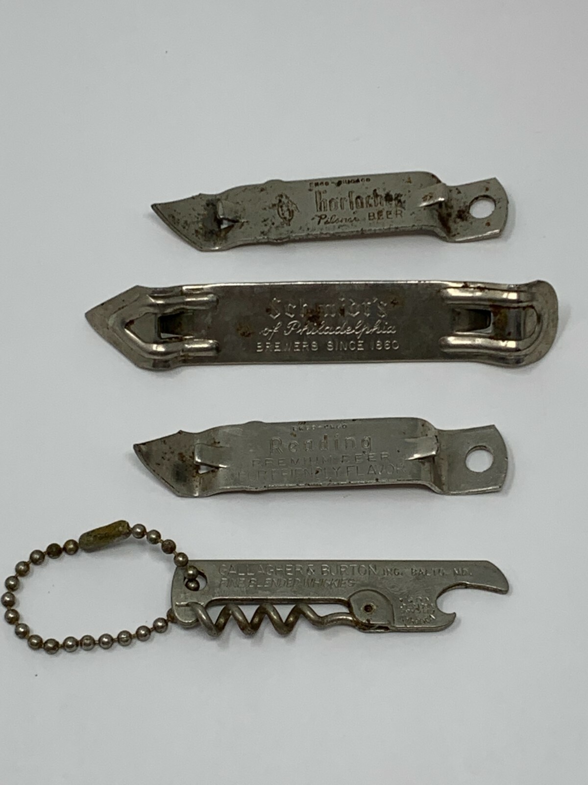 4 Vintage Metal Beer Bottle Openers Schmidt's Horlacher Reading Gallagher Burton